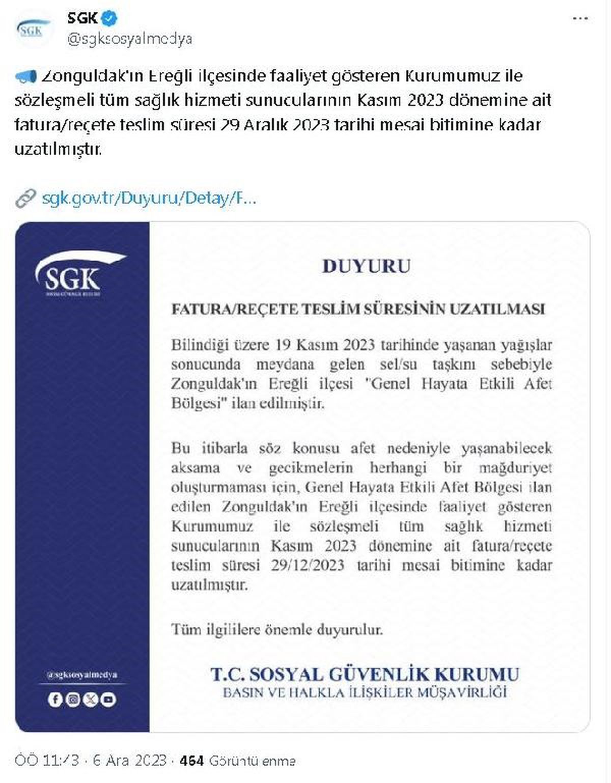 Ereğli'deki sağlık hizmeti sunucularının fatura/reçete teslim süresi uzatıldı