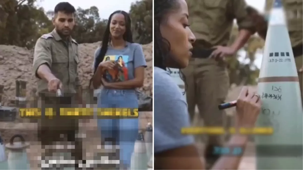 İsrailli askerlere destek ziyareti yapan televizyoncu top mermilerine 'Gazzelilere selamlar' yazdı