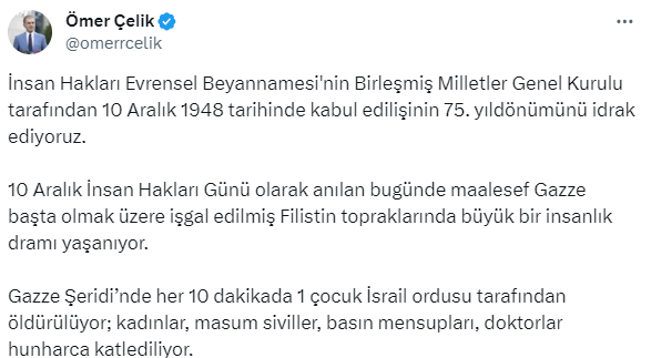 AK Parti Sözcüsü Çelik'ten İnsan Hakları Günü'nde Filistin mesajı: 10 dakikada bir çocuk ölüyor