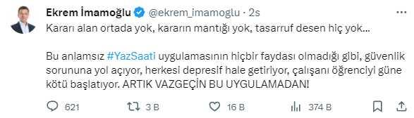 İmamoğlu'ndan yaz saati uygulamasına tepki! İsim vermeden Berat Albayrak'ı hedef aldı