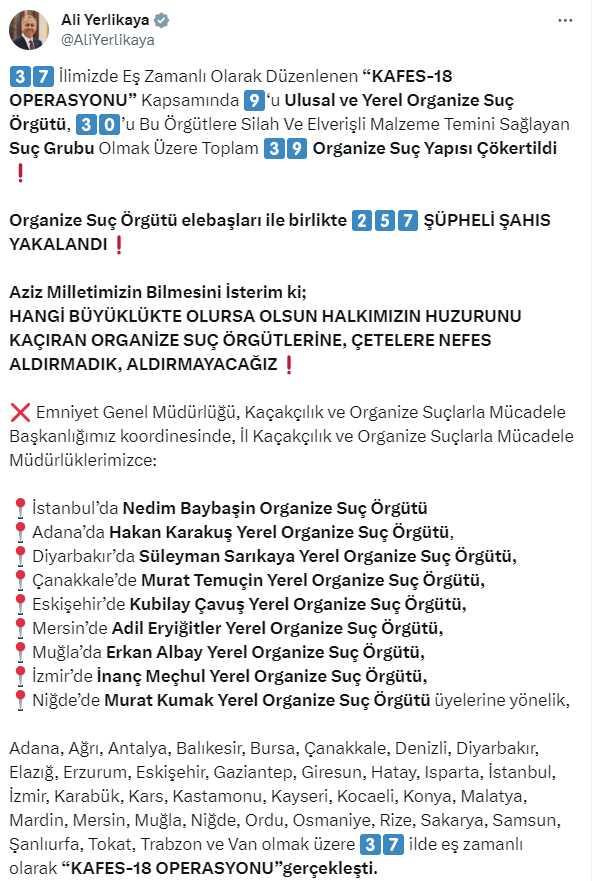 37 ilde eş zamanlı 'Kafes' operasyonu: 39 suç örgütü çökertildi 257 şüpheli yakalandı