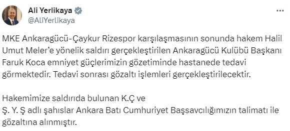 Ankaragücü Başkanı Faruk Koca, Rizespor maçı sonrası Hakem Halil Umut Meler'e yumruk attı