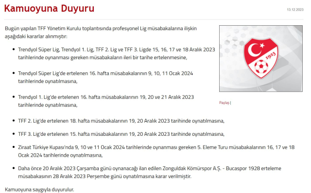 Ziraat Türkiye Kupası 5. Tur maçları 16-17-18 Ocak'ta oynanacak