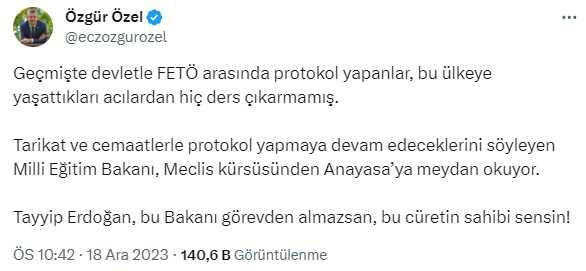 Özgür Özel: Erdoğan, Milli Eğitim Bakanı'nı görevden almazsan bu cüretin sahibi sensin