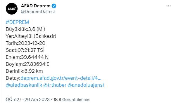 Balıkesir deprem mi oldu? SON DAKİKA! 20 Aralık Balıkesir deprem şiddeti ne?