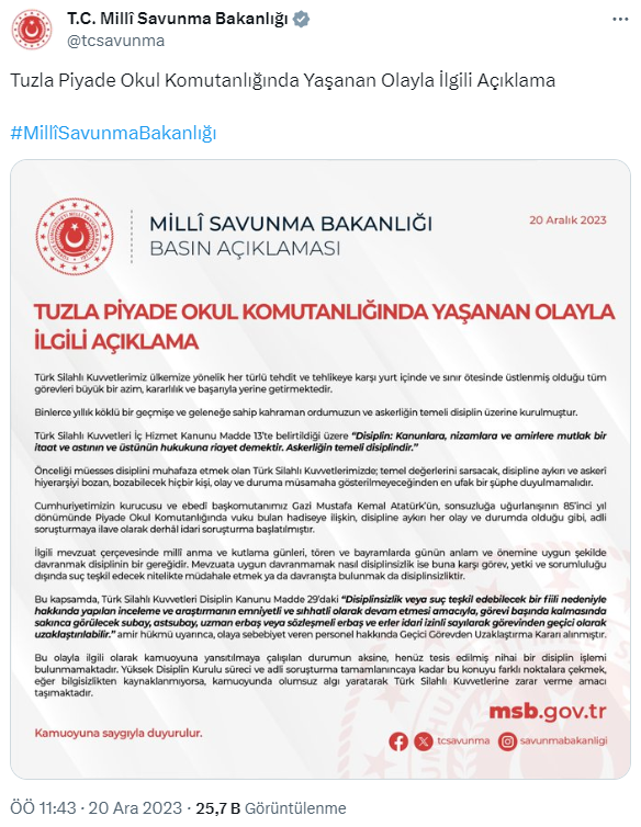 MSB'den Tuzla Piyade Okulu'ndaki Atatürk rozeti tartışmasına ilişkin açıklama: Olaya sebebiyet veren personel görevden uzaklaştırıldı