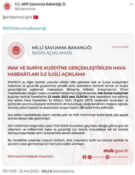 Irak ve Suriye'nin kuzeyinde hava harekatı! 29 hedef imha edildi, çok sayıda terörist etkisiz hale getirildi