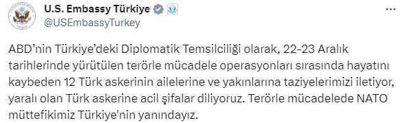 12 şehidimizin ardından ABD'den ilk açıklama: Müttefikimiz Türkiye'nin yanındayız