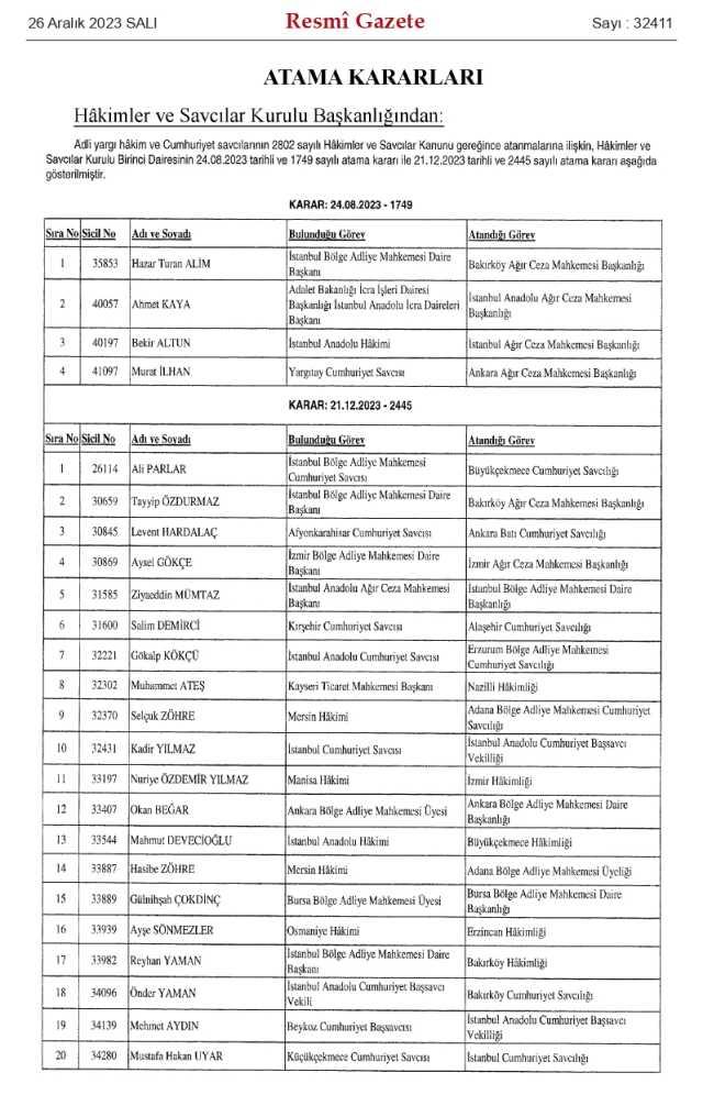 HSK atama kararnamesi 26 Aralık Salı yayınlandı! Hakim ve Savcılar atama kararları PDF indir, OKU! HSK atama kararnamesi 26 Aralık Salı yayınlandı! Hakim ve Savcılar atama kararları PDF indir, OKU!