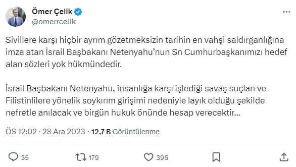 AK Parti Sözcüsü Çelik, Netanyahu'nun Cumhurbaşkanı Erdoğan'a yönelik sözlerine tepki gösterdi: Nefretle anılacak