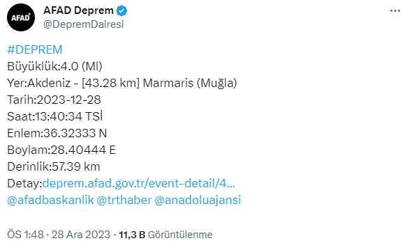 Muğla açıklarında 4 büyüklüğünde deprem meydana geldi