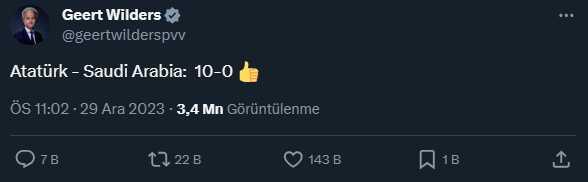 Hollandalı ırkçı ve İslam karşıtı liderden Süper Kupa yorumu! 'Atatürk-Saudi Arabia:10-0'