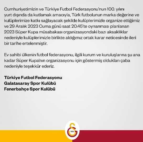 Süper Kupa Galatasaray Fenerbahçe ortak açıklaması ne?