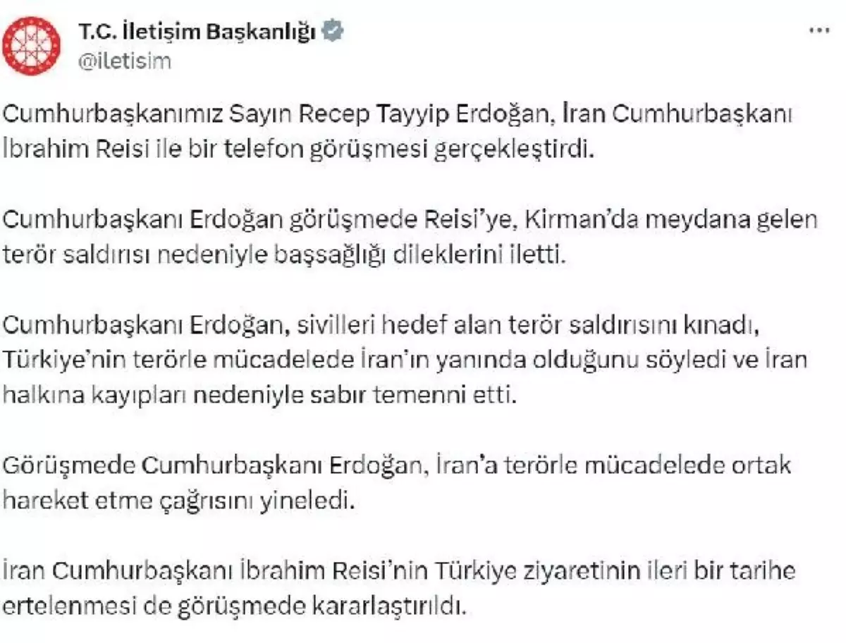 Cumhurbaşkanı Erdoğan, İran Cumhurbaşkanı Reisi ile telefon görüşmesi yaptı