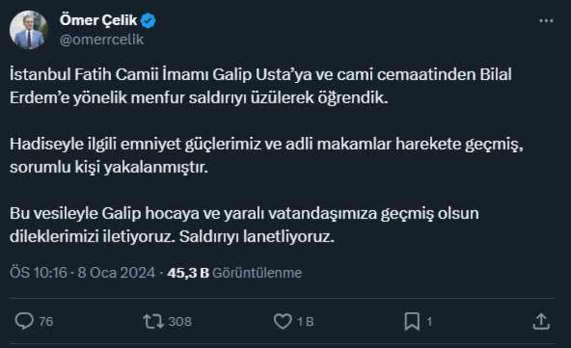 Fatih Camii'nde imama bıçaklı saldırı! Saldırgan gözaltında