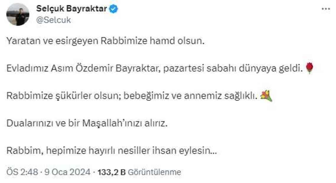 Sümeyye-Selçuk Bayraktar çiftinin 2. bebeği dünyaya geldi Sümeyye-Selçuk Bayraktar çiftinin 2. bebeği dünyaya geldi