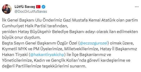 Hatay'da yeniden aday gösterilmesi tepki çekmişti! CHP'den Lütfü Savaş açıklaması