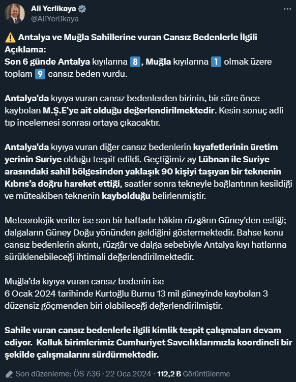 İçişleri Bakanı Yerlikaya'dan Antalya ve Muğla'da kıyıya vuran cesetlere ilişkin açıklama