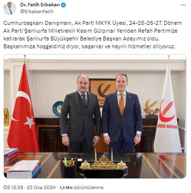 AK Parti'den istifa eden Mehmet Kasım Gürpınar Yeniden Refah Partisi'nin Şanlıurfa adayı Oldu