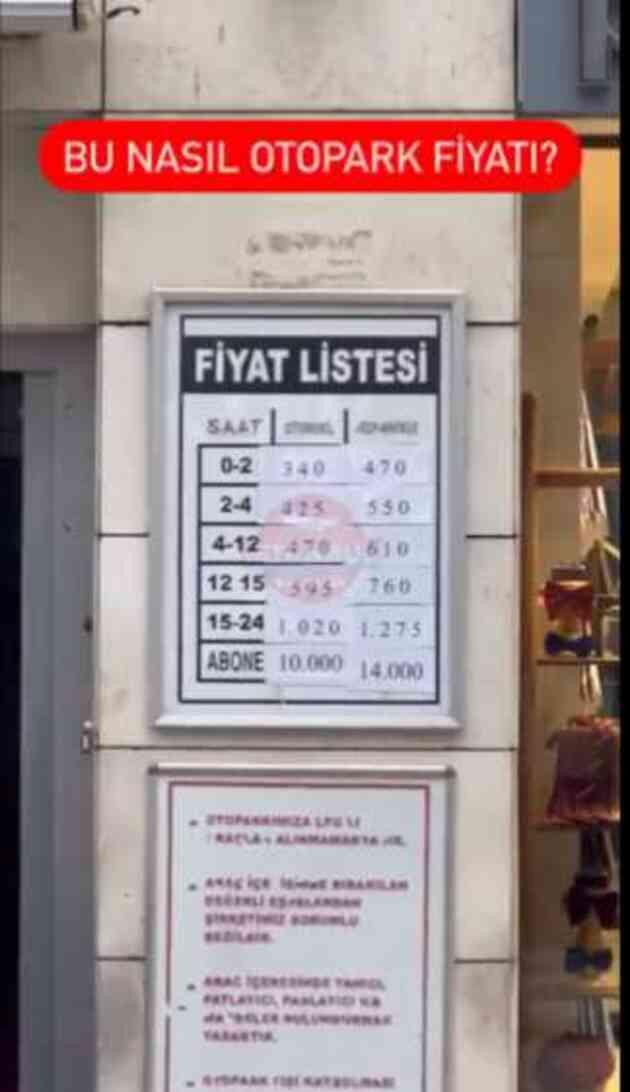 İstanbul'da özel bir otoparkta bir saatlik ücretin 340 TL olması tepki çekti