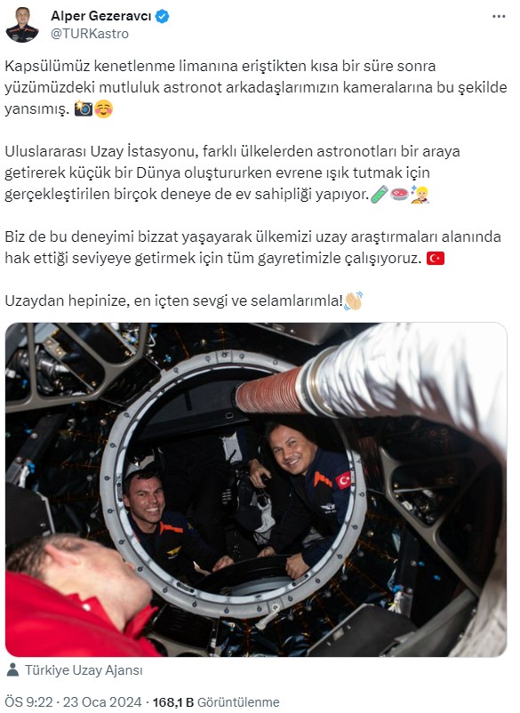 Türkiye'nin ilk astronotu Alper Gezeravcı, mutlu anları paylaştı
