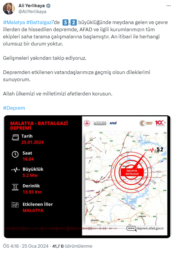 Malatya'daki 5.2'lik deprem sonrası İçişleri Bakanı Yerlikaya'dan ilk açıklama