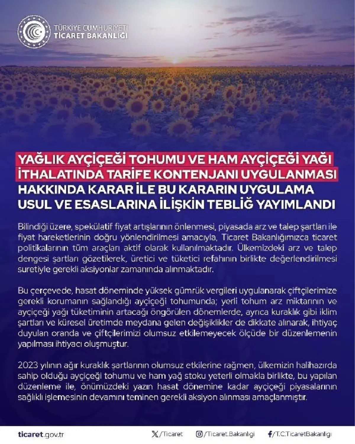 Ayçiçeği tohumu ve yağında gümrük vergisi oranları düşürüldü
