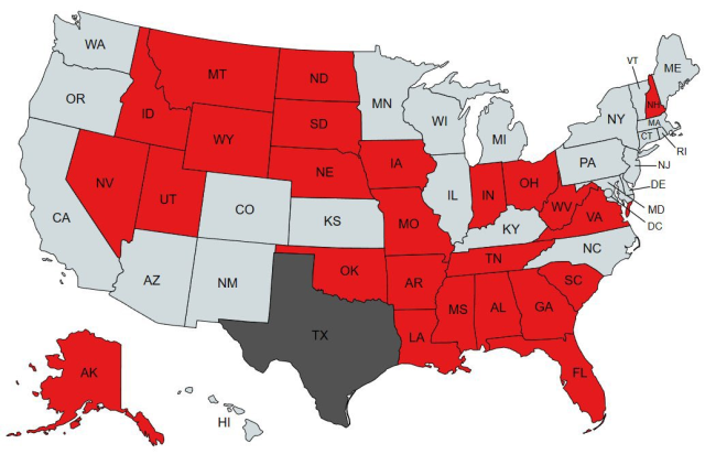 Teksas Valisi Greg Abbott'a destek veren eyaletler(Kırmızı renk ile gösterilenler)