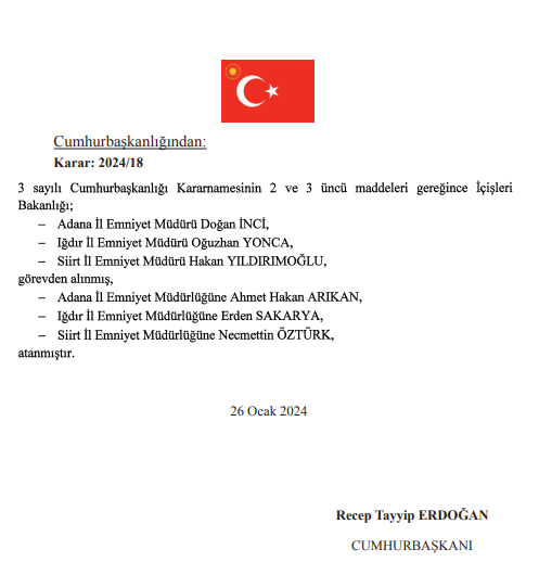 Cumhurbaşkanı Erdoğan imzaladı: 3 ilin emniyet müdürü değişti