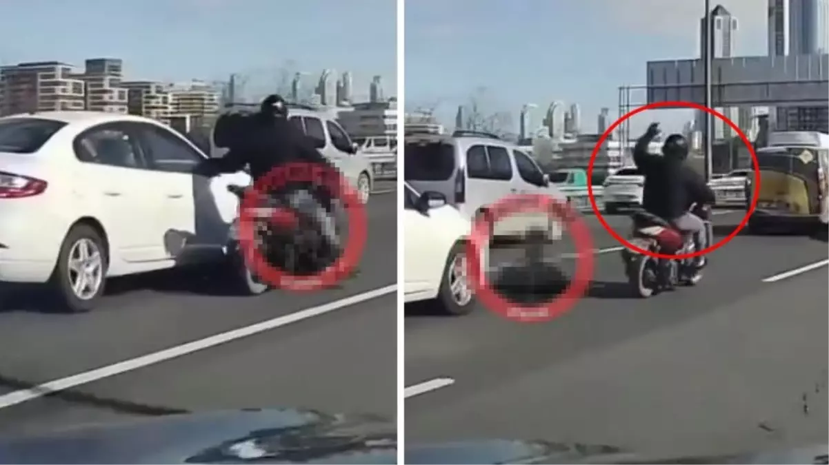 Sürpriz sonlu! Otomobilin aynasını kıran motosikletlinin başına gelenler ibretlik