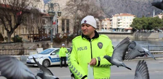 Amasya'da trafik polisi güvercinleri besledi