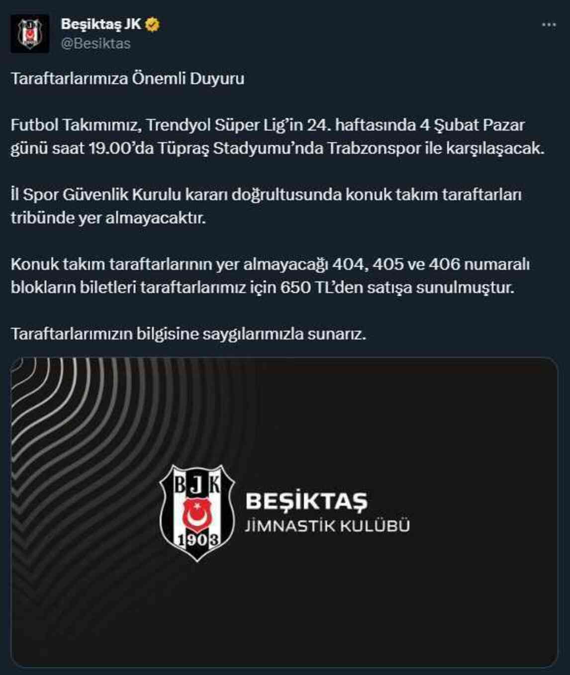 Trabzonspor taraftarı, Dolmabahçe'ye alınmayacak