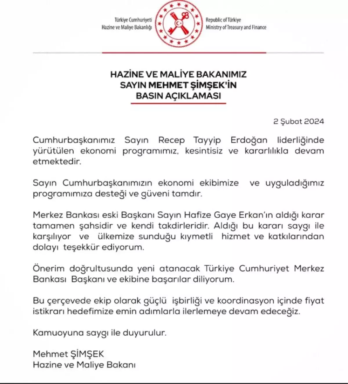Hazine ve Maliye Bakanı Şimşek, Merkez Bankası Başkanı Erkan'ın affını şahsi kararı olarak değerlendirdi