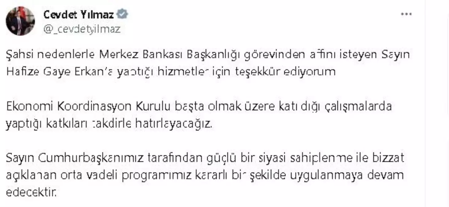 Cevdet Yılmaz, Hafize Gaye Erkan'a teşekkür etti