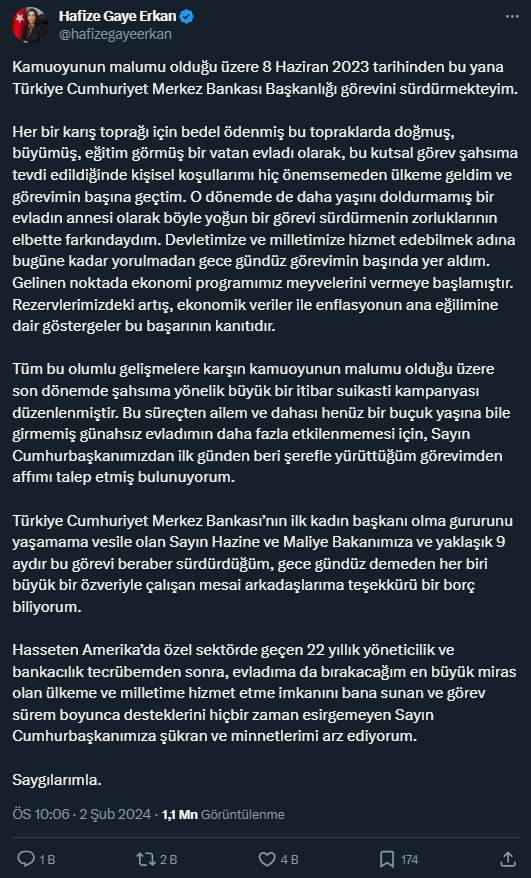 Merkez Bankası Başkanı Hafize Gaye Erkan, Cumhurbaşkanı Erdoğan'dan görevden affını istedi