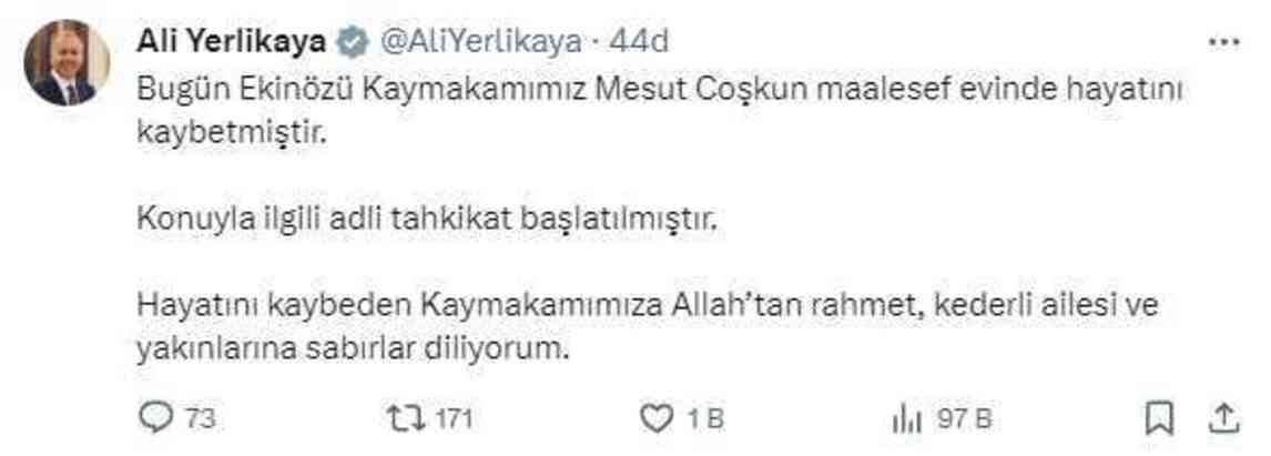 İçişleri Bakanlığı, Kaymakam Mesut Coşkun'un ölümüyle ilgili adli tahkikat başlattı