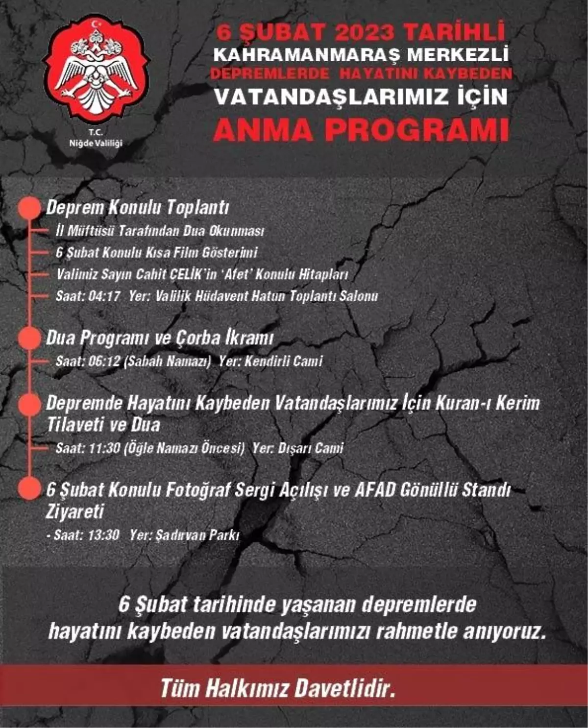 Kahramanmaraş Depremleri İçin Niğde Valiliği Anma Programı Düzenliyor