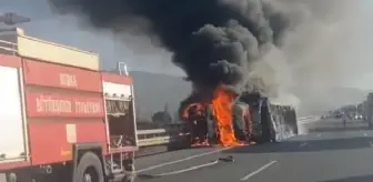 Gemlik'te devrilen TIR yandı, şoför kurtuldu