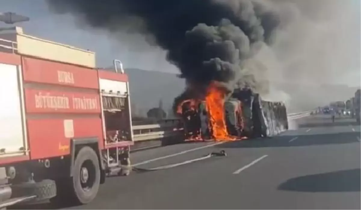 Gemlik'te devrilen TIR yandı, şoför kurtuldu
