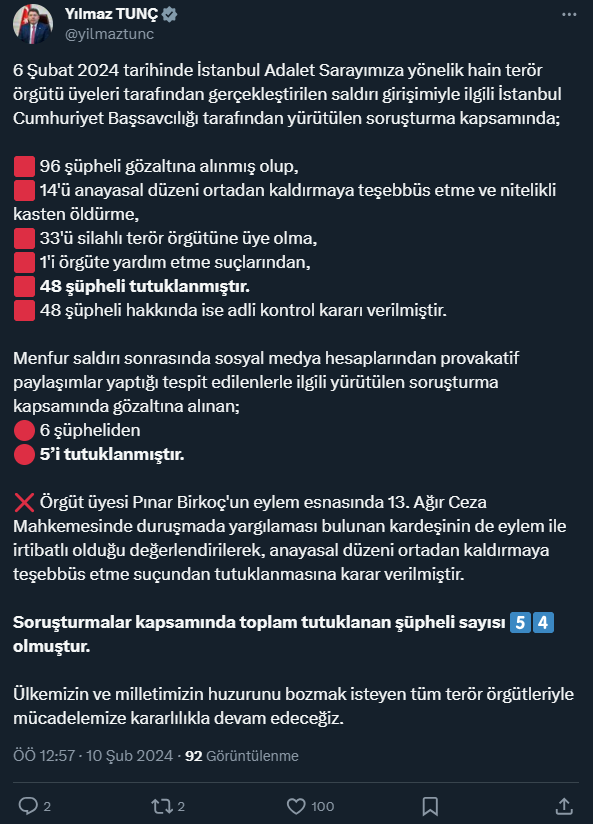İstanbul Adliyesi önündeki terör saldırısına ilişkin 48 kişi tutuklandı
