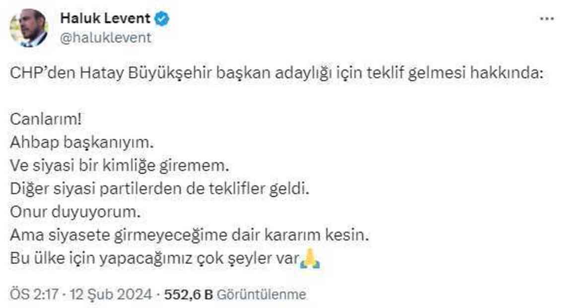CHP Haluk Levent'e Hatay adaylığı teklif etti, ünlü şarkıcı olumsuz yanıt verdi