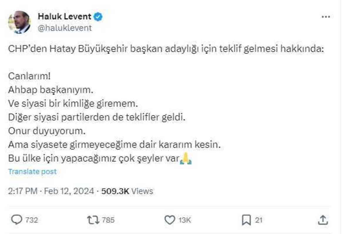 Haluk Levent, Belediye Başkanlığına Aday Olacak Mı?