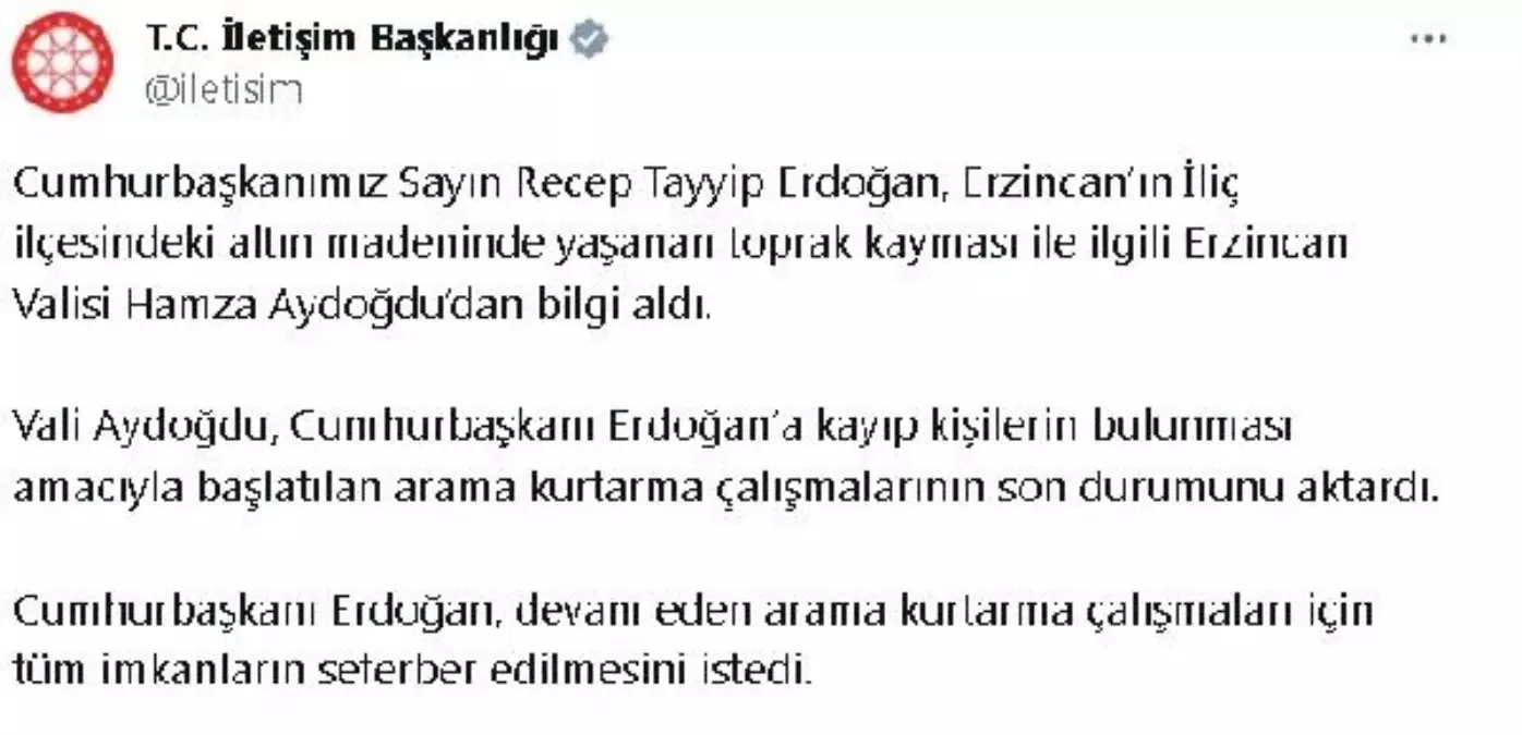 Cumhurbaşkanı Erdoğan, Erzincan Valisi Aydoğdu'dan bilgi aldı