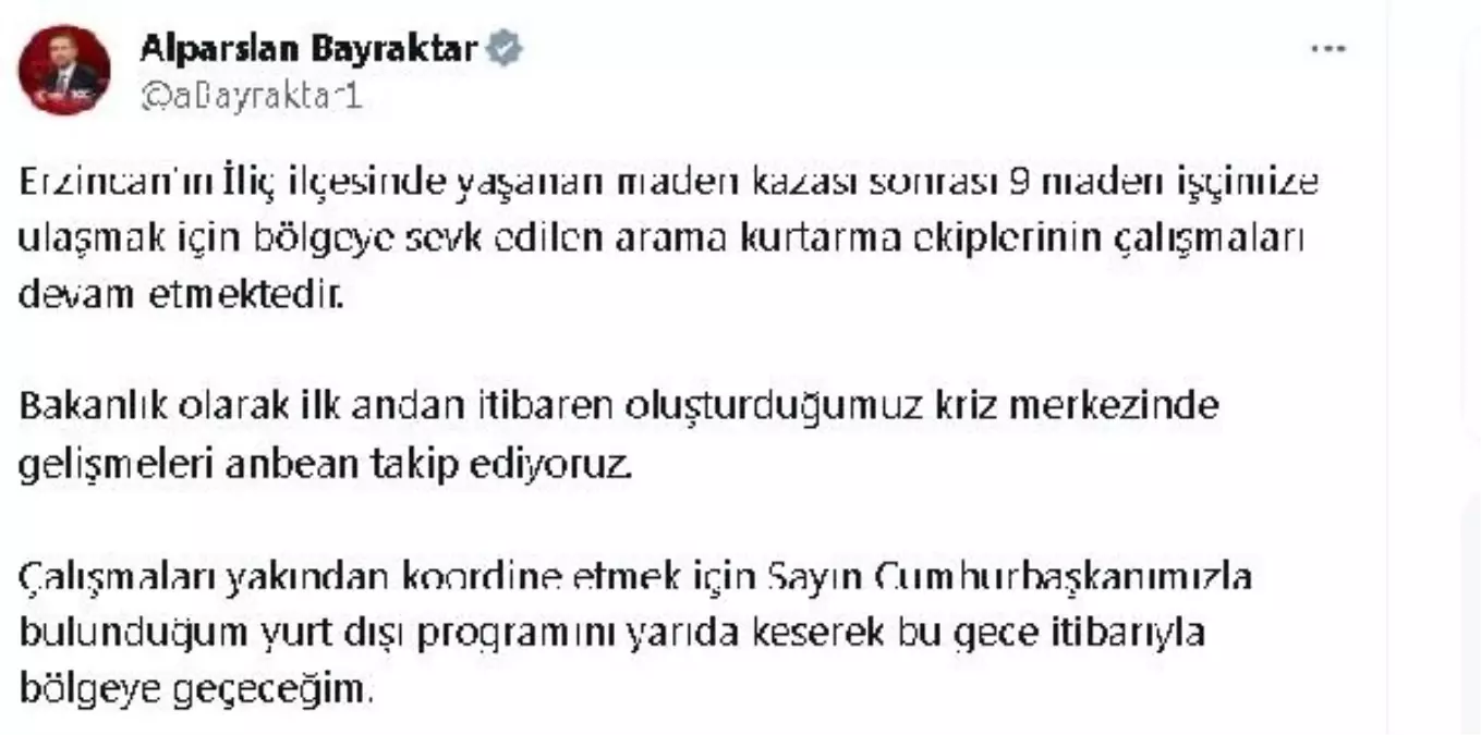 Bakanlar, Erzincan'daki Maden Kazası İçin Bölgeye Geçiyor