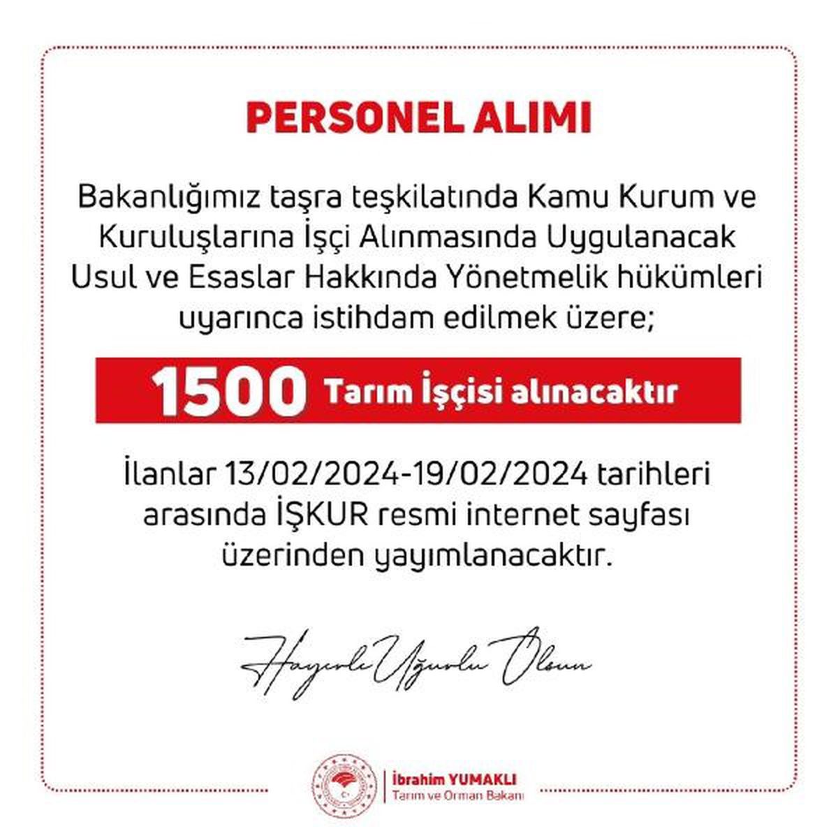 Tarım ve Orman Bakanlığı 1500 Tarım İşçisi Alacak