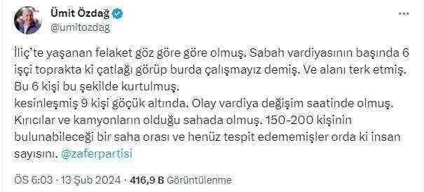 Ümit Özdağ'dan Erzincan'daki maden faciasıyla ilgili açıklama: Topraktaki çatlağı sabah vardiyasındaki işçiler görmüş