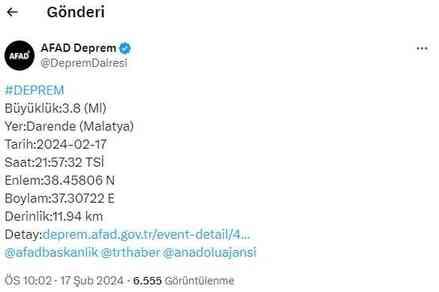 Malatya'da 3,8 büyüklüğünde deprem