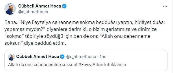 Cübbeli Ahmet Hoca'dan Feyza Altun'a sert tepki: Allah onu cehenneme soksun