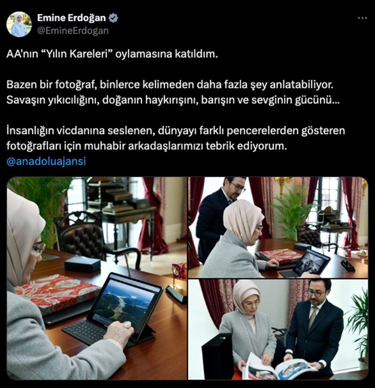 Emine Erdoğan, AA'nın 'Yılın Kareleri' oylamasında fotoğrafları yer alan muhabirleri tebrik etti
