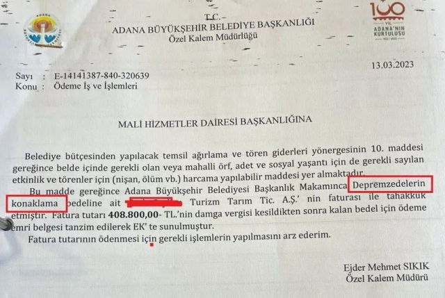 Deprem bölgesine giden CHP'li isimler lüks otelde konaklayıp faturasını da Adana Büyükşehir Belediyesi'ne ödetmiş